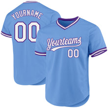 Laden Sie das Bild in den Galerie-Viewer, Custom Light Blue White-Purple Authentic Throwback Baseball Jersey
