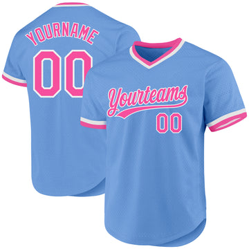 Custom Light Blue Pink-White Authentic Throwback Baseball Jersey