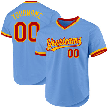 Custom Light Blue Red-Gold Authentic Throwback Baseball Jersey