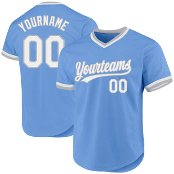 Custom Light Blue White-Gray Authentic Throwback Baseball Jersey