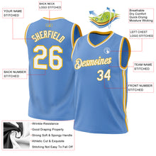 Load image into Gallery viewer, Custom Light Blue White-Gold Authentic Throwback Basketball Jersey
