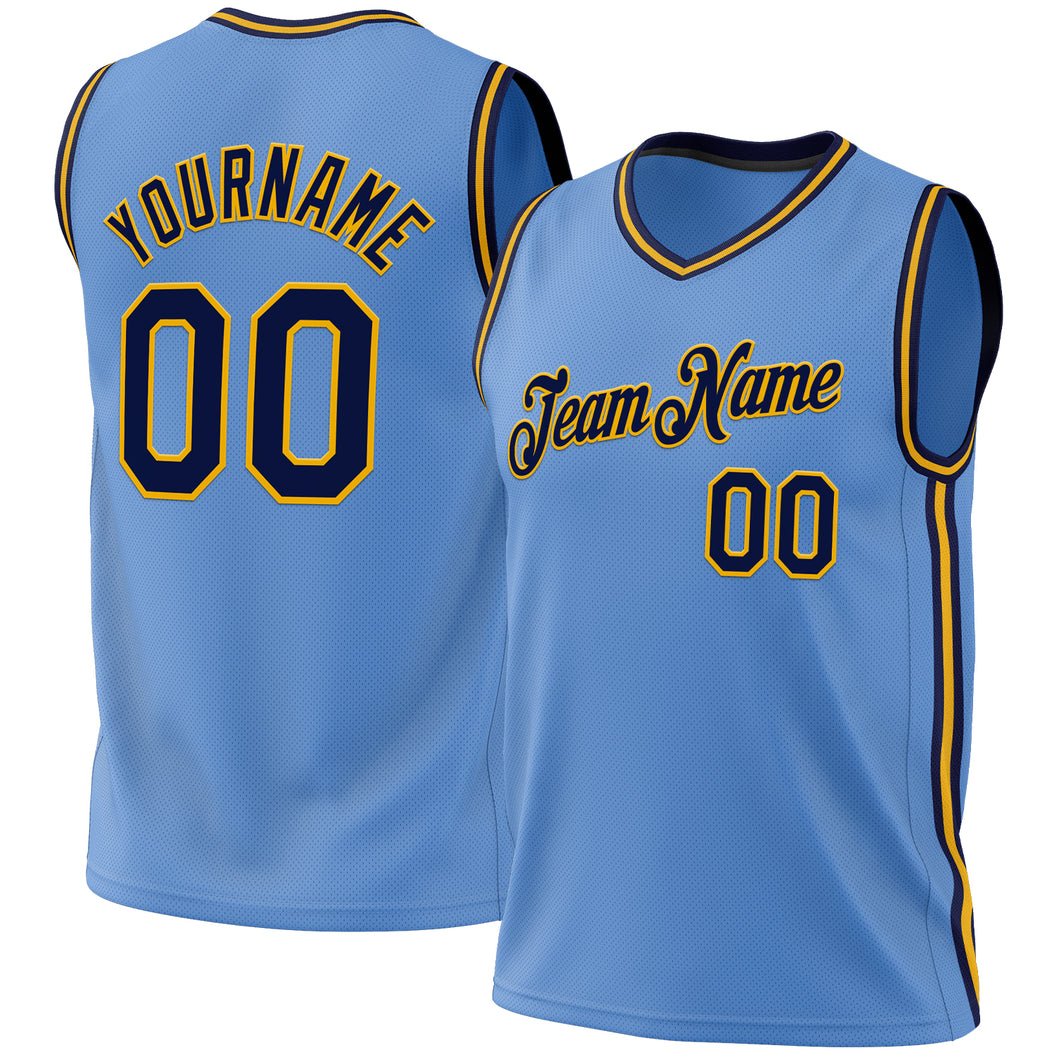 Custom Light Blue Navy-Gold Authentic Throwback Basketball Jersey