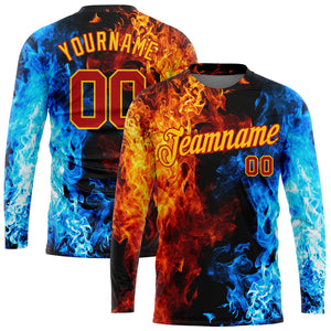 Custom Black Red Gold Royal-Light Blue Flame 3D Pattern Long Sleeve Performance T-Shirt