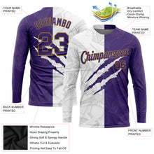 Load image into Gallery viewer, Custom Graffiti Pattern Purple-Old Gold Scratch 3D Long Sleeve Performance T-Shirt
