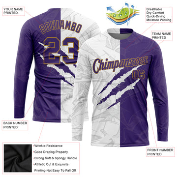 Custom Graffiti Pattern Purple-Old Gold Scratch 3D Long Sleeve Performance T-Shirt