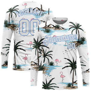 Custom White White-Light Blue Hawaii Palm Trees 3D Pattern Long Sleeve Performance T-Shirt