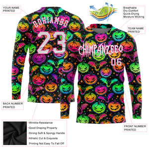 Custom 3D Pattern Bright Multicolored Halloween Pumpkins And Bats Long Sleeve Performance T-Shirt