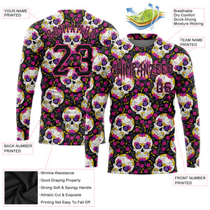 Custom 3D Pattern Halloween Skulls With Floral Long Sleeve Performance T-Shirt