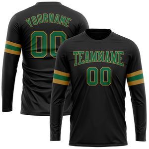 Custom Black Kelly Green-Old Gold Long Sleeve Performance T-Shirt