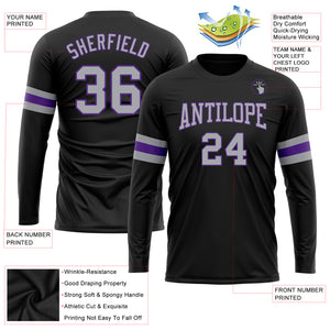 Custom Black Gray-Purple Long Sleeve Performance T-Shirt