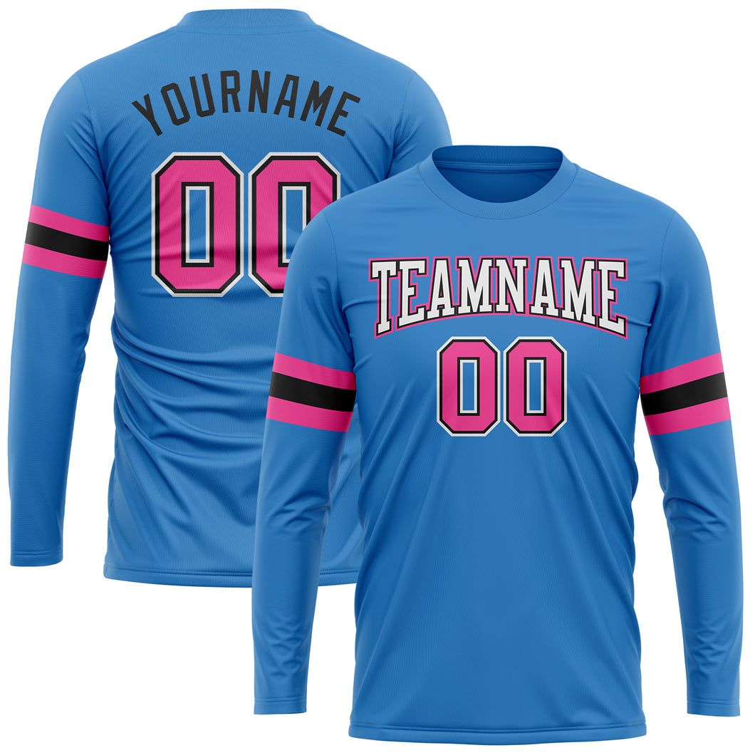 Custom Powder Blue Pink Black-White Long Sleeve Performance T-Shirt