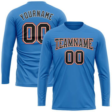 Custom Powder Blue Black White-Orange Long Sleeve Performance T-Shirt