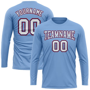 Custom Light Blue White Royal-Red Long Sleeve Performance T-Shirt