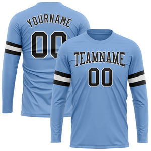 Custom Light Blue Black-White Long Sleeve Performance T-Shirt