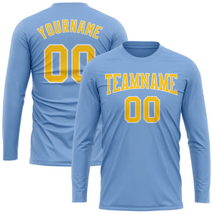 Custom Light Blue Gold-White Long Sleeve Performance T-Shirt