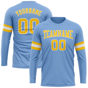 Custom Light Blue Gold-White Long Sleeve Performance T-Shirt