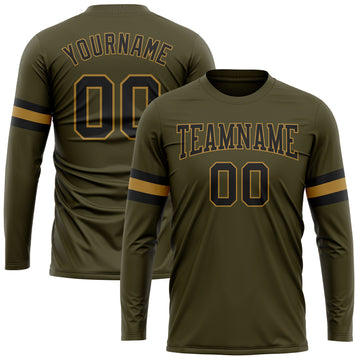 Custom Olive Black-Old Gold Long Sleeve Performance Salute To Service T-Shirt