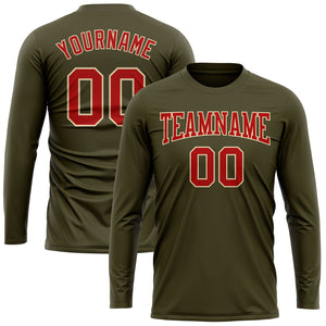 Custom Olive Red-Cream Long Sleeve Performance Salute To Service T-Shirt