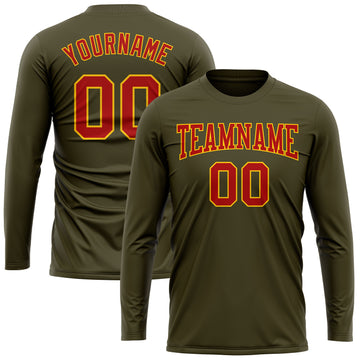 Custom Olive Red-Gold Long Sleeve Performance Salute To Service T-Shirt