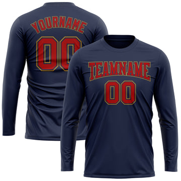 Custom Navy Red-Old Gold Long Sleeve Performance Salute To Service T-Shirt