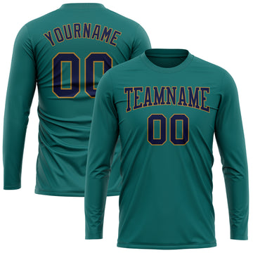 Custom Aqua Navy-Old Gold Long Sleeve Performance T-Shirt