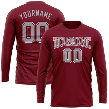 Custom Crimson Gray-White Long Sleeve Performance T-Shirt