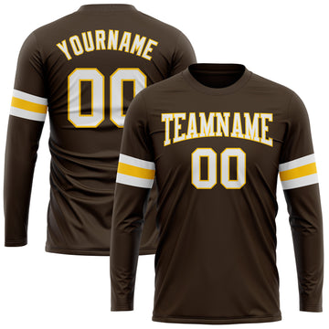 Custom Brown White-Gold Long Sleeve Performance T-Shirt