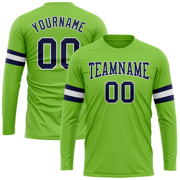 Custom Neon Green Navy-White Long Sleeve Performance T-Shirt