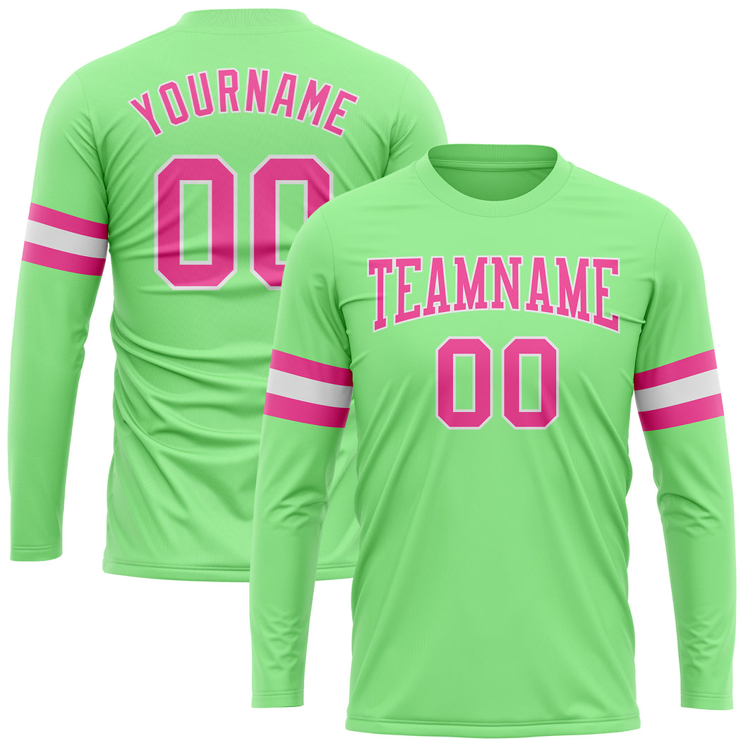 Custom Pea Green Pink-White Long Sleeve Performance T-Shirt