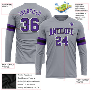 Custom Gray Purple-Black Long Sleeve Performance T-Shirt