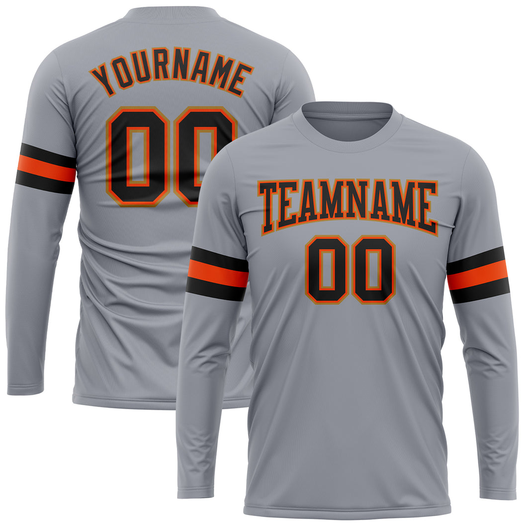 Custom Gray Black Orange-Old Gold Long Sleeve Performance T-Shirt