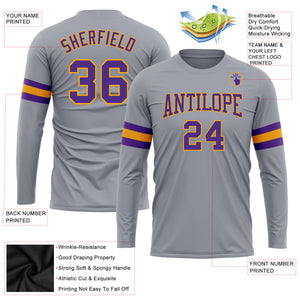 Custom Gray Purple-Gold Long Sleeve Performance T-Shirt