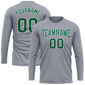 Custom Gray Kelly Green-White Long Sleeve Performance T-Shirt