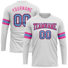 Load image into Gallery viewer, Custom White Light Blue Black-Pink Long Sleeve Performance T-Shirt
