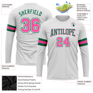 Custom White Pink-Kelly Green Long Sleeve Performance T-Shirt