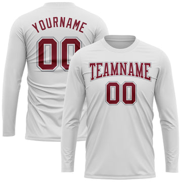 Custom White Crimson-Gray Long Sleeve Performance T-Shirt