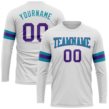 Custom White Purple-Teal Long Sleeve Performance T-Shirt