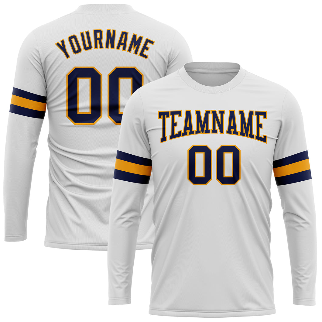 Custom White Navy-Gold Long Sleeve Performance T-Shirt