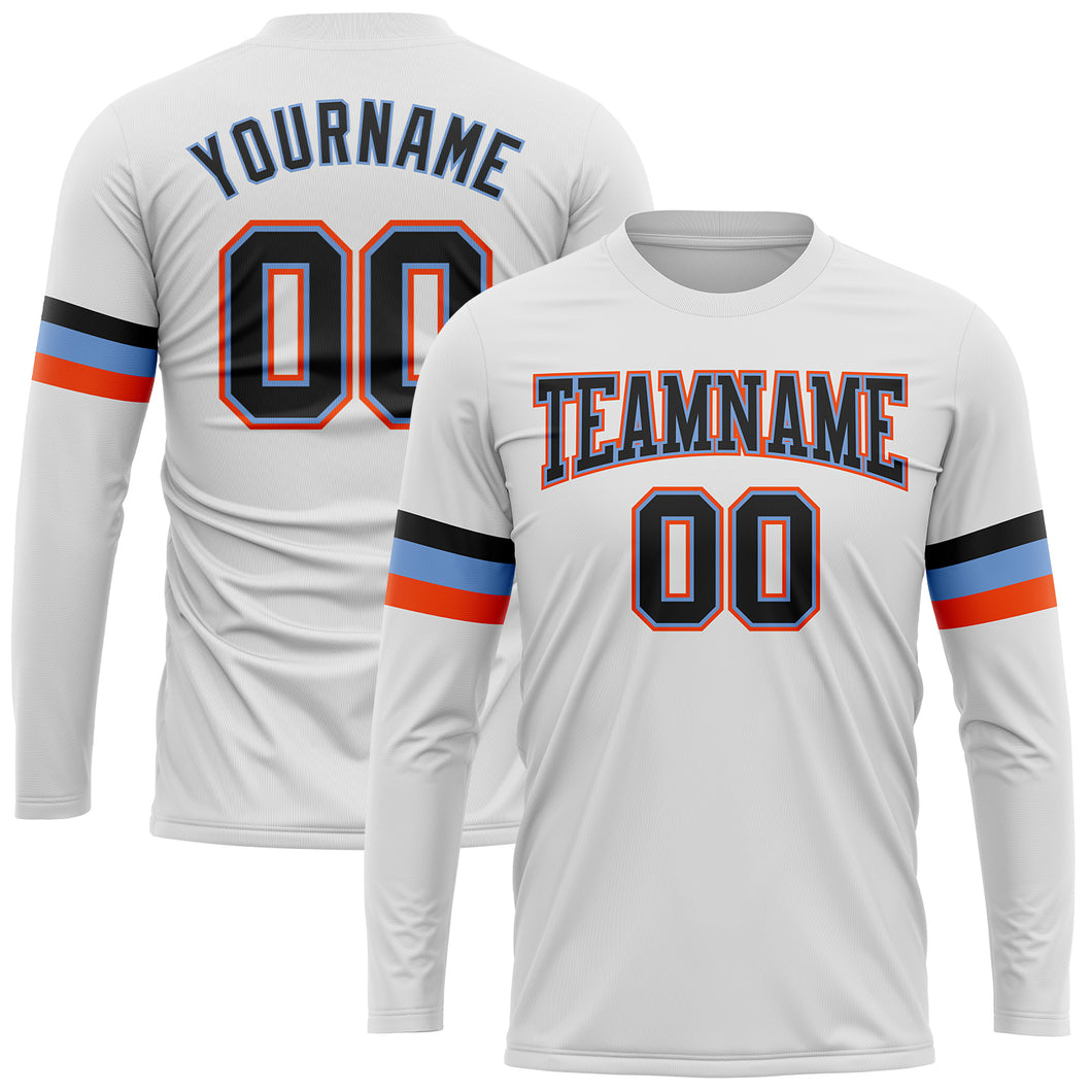 Custom White Black Powder Blue-Orange Long Sleeve Performance T-Shirt