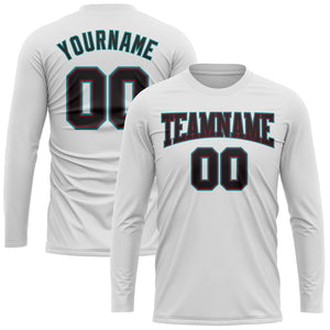 Custom White Black Crimson-Aqua Long Sleeve Performance T-Shirt