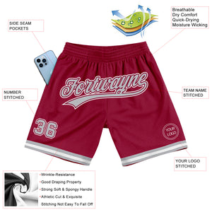 Custom Maroon Gray-White Authentic Throwback Basketball Shorts