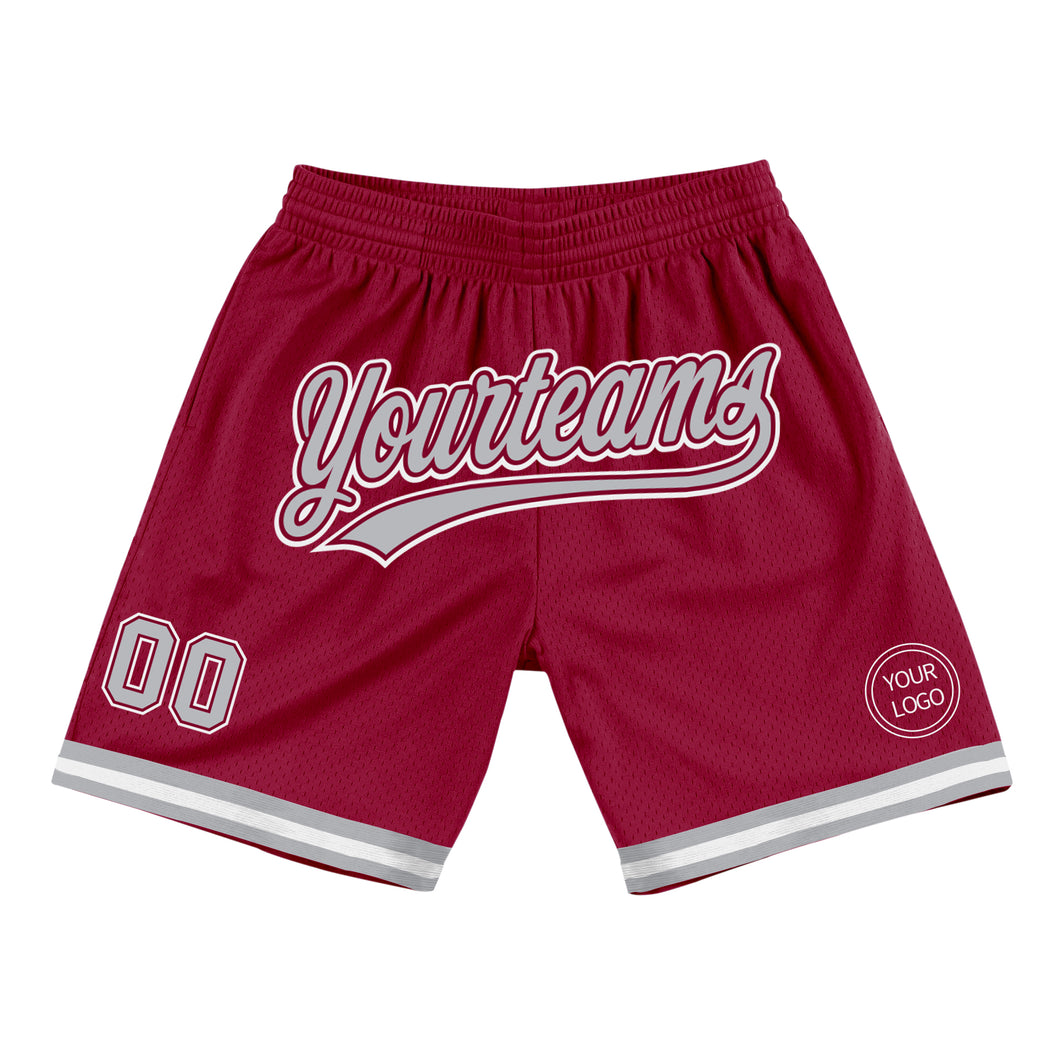 Custom Maroon Gray-White Authentic Throwback Basketball Shorts