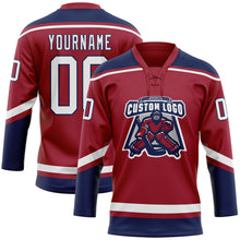 Load image into Gallery viewer, Custom Maroon White-Navy Hockey Lace Neck Jersey

