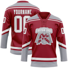 Load image into Gallery viewer, Custom Maroon White-Gray Hockey Lace Neck Jersey
