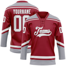 Load image into Gallery viewer, Custom Maroon White-Gray Hockey Lace Neck Jersey
