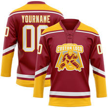 Load image into Gallery viewer, Custom Maroon White-Gold Hockey Lace Neck Jersey
