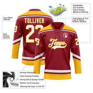 Custom Maroon White-Gold Hockey Lace Neck Jersey