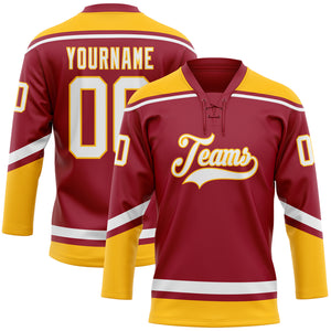 Custom Maroon White-Gold Hockey Lace Neck Jersey