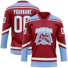 Load image into Gallery viewer, Custom Maroon White-Light Blue Hockey Lace Neck Jersey

