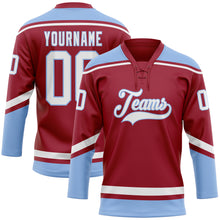 Load image into Gallery viewer, Custom Maroon White-Light Blue Hockey Lace Neck Jersey
